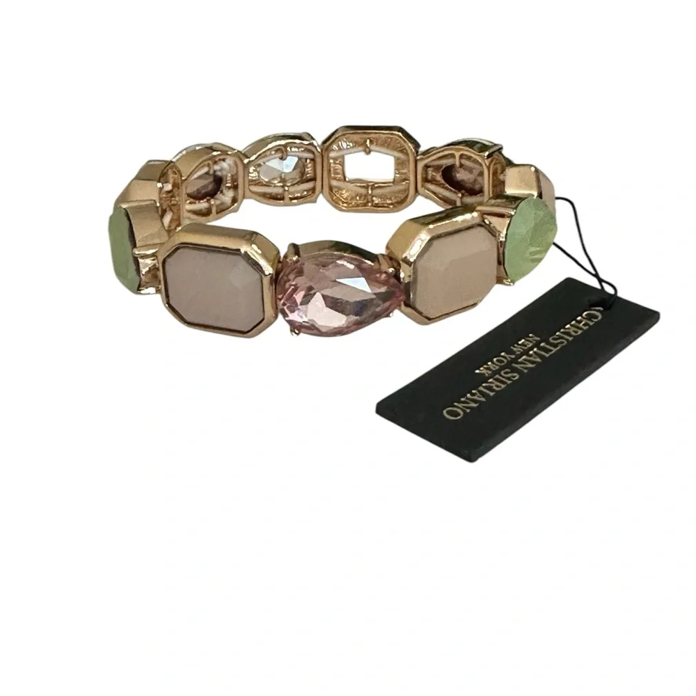 NWT Christian Siriano Gold Pink Iridescent Gem Glass Stone‎ Stretchy Bracelet!!
